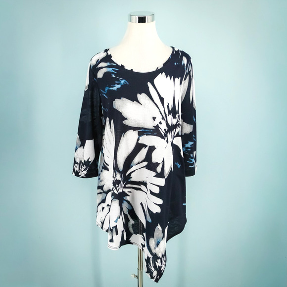 Clara Sun Woo Size Large L Blue Floral Print Cut Out Scoop 3/4 Sleeve Tunic Top - Picture 1 of 5